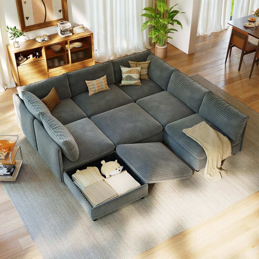 10 Seat Oversized Modular Sectional Couch Bed with Hidden Storage and Movable Ottomans Corduroy Upholstered Deep Seat for Sectional Couches for Living Room Bedroom, Blue