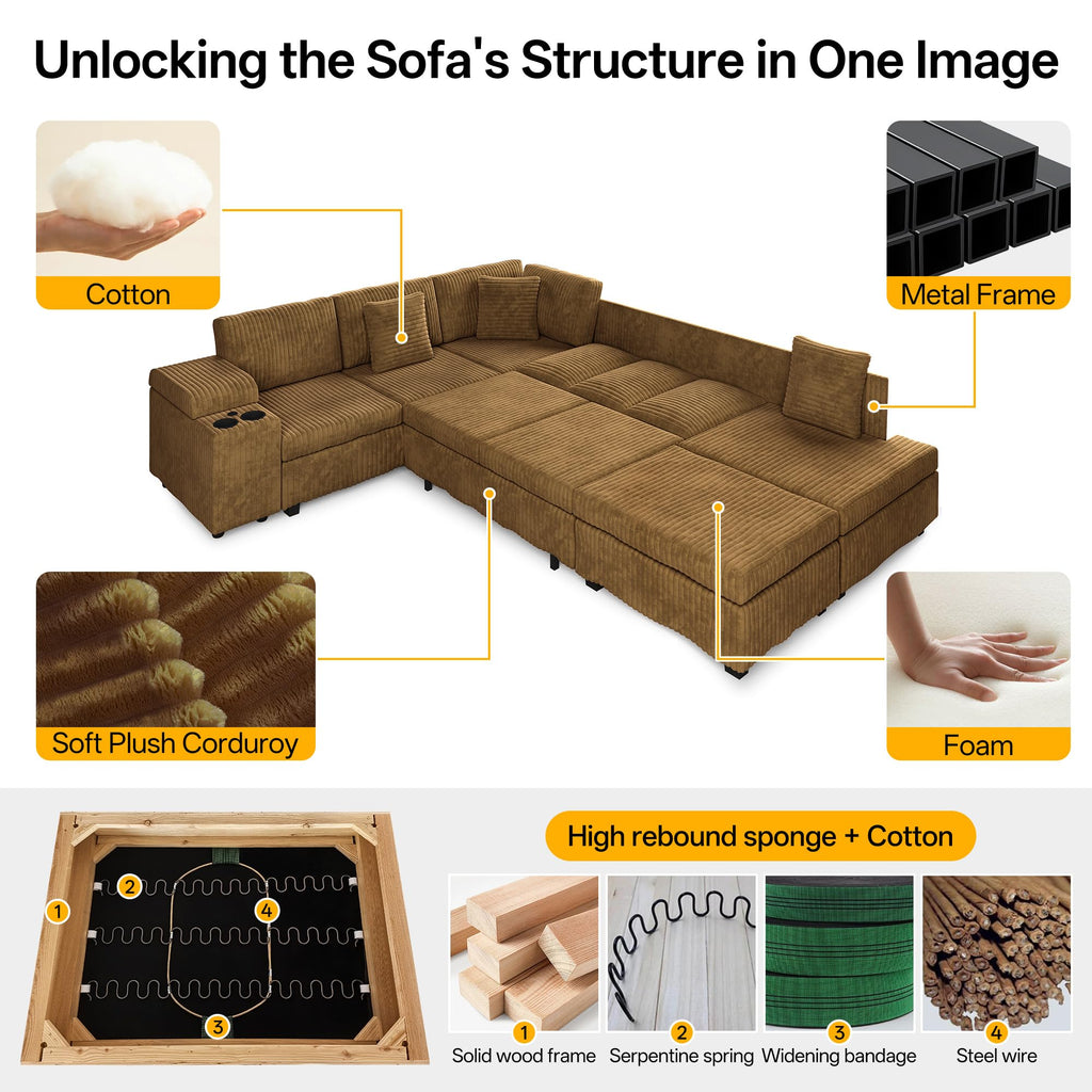 110" L-Shaped Modular Sectional Sofa with Pull Out Bed, Comfy Corduroy Cloud Couch with Removable Ottoman, USB, Storage & Cup Holders, Modern Sectional Sleeper Sofas for Living Room (Camel)