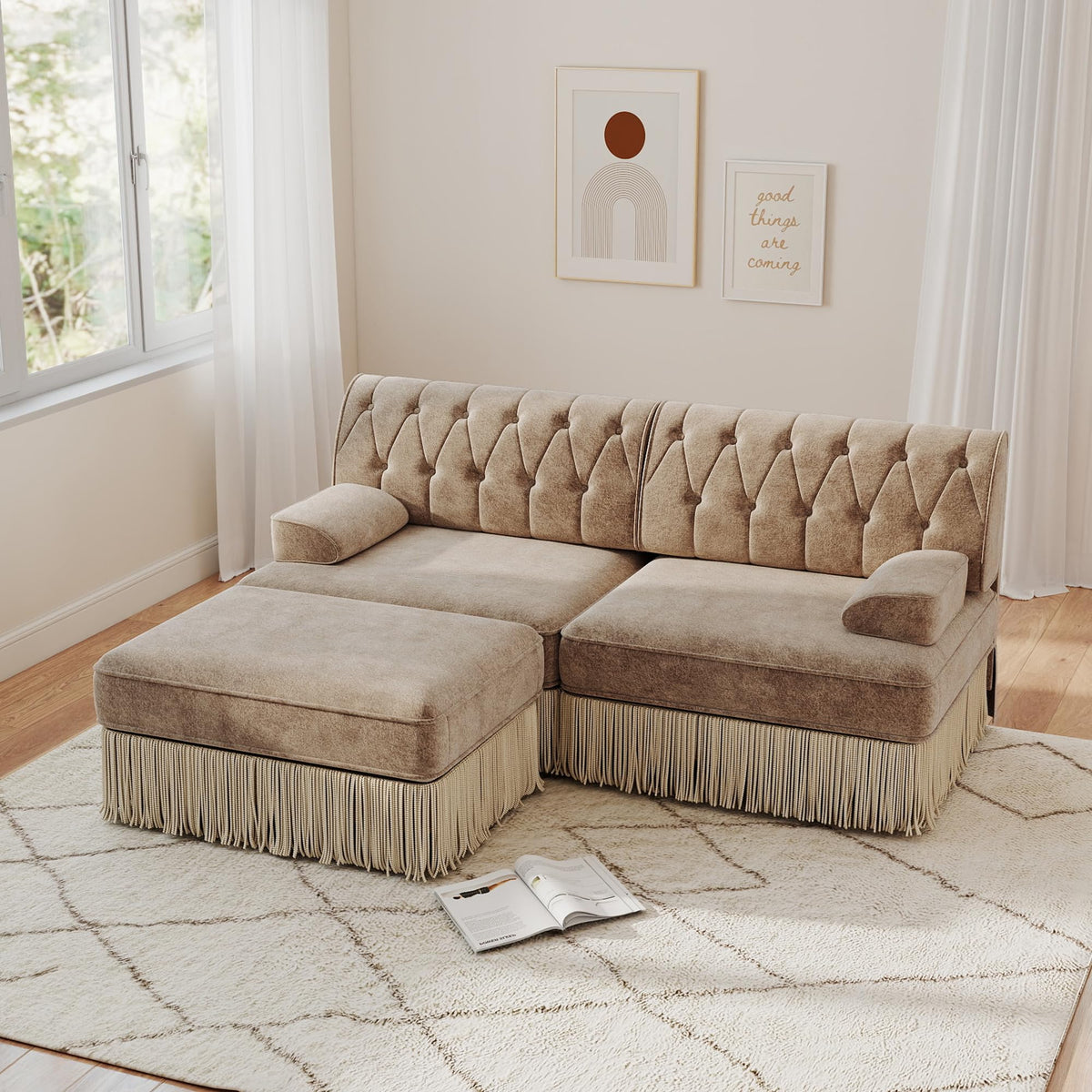 Unique Chesterfield Style Modular Sectional Sofa, 135.6” L-shaped Boneless Sofa with Velvet Fabric, Floor-grazing Tassel Fringe Skirt and Button Tufted Design for Living Room, Easy to Assemble, Beige