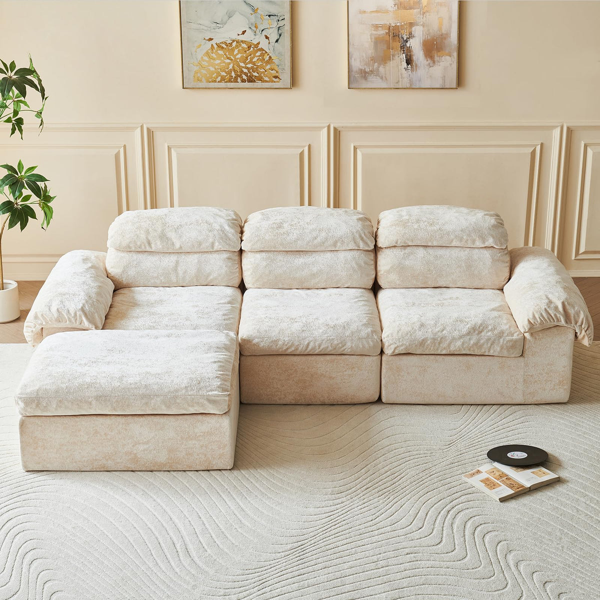 115.7" L Shaped Modular Sectional Sofa with Ottoman, Cloud Boneless Couch, Upholstered Sofa in a Box, Flexible Module Combination for Living Room, No Assembly, Grey