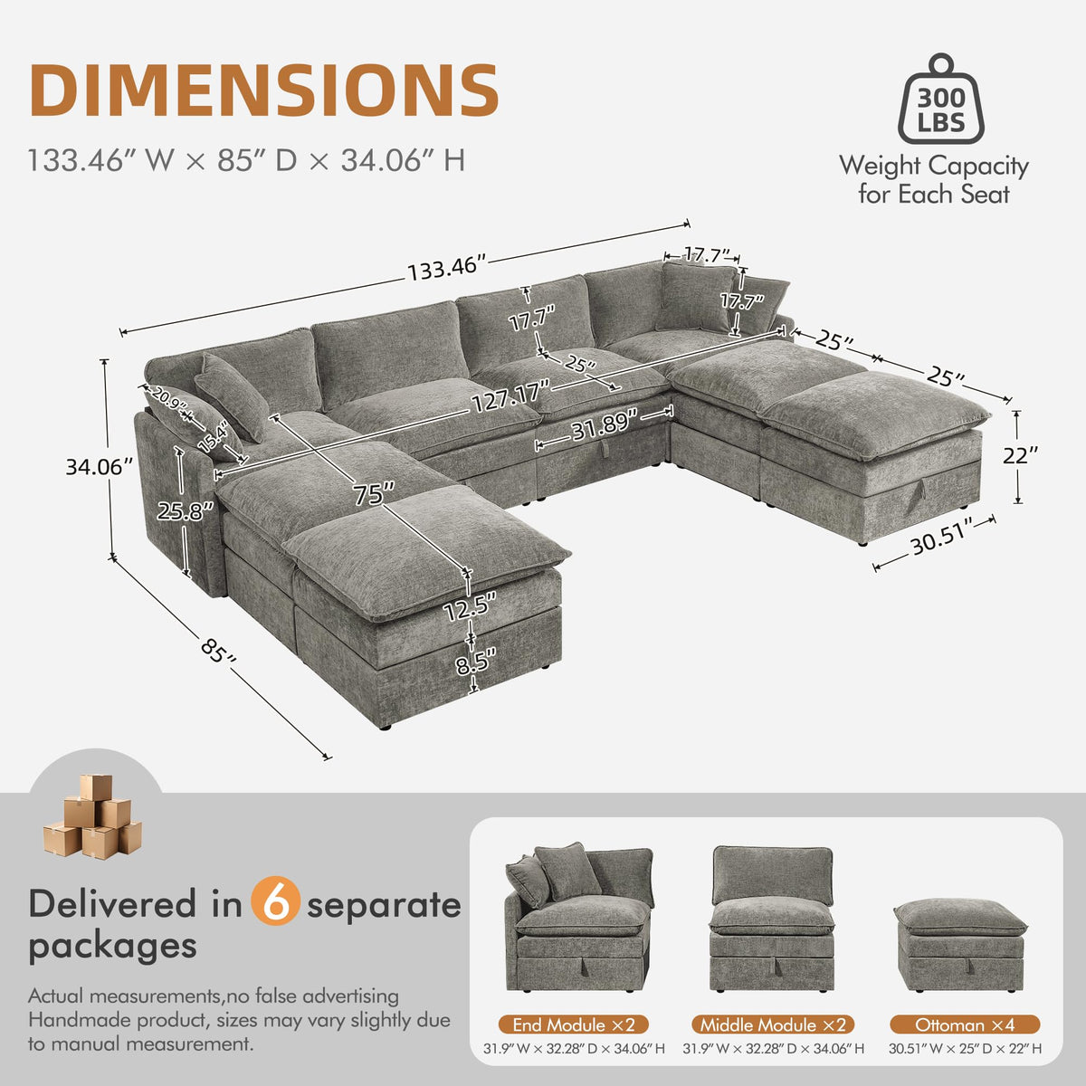 WorthFurni Modular Sectional Sofa Bed with Storage Ottomans,135" Cloud Couch,6-Seater Comfy Modern Couches with Pillows & Upholstered Deep Seat Cushion for Apartment Living Room Bedroom（Gray）