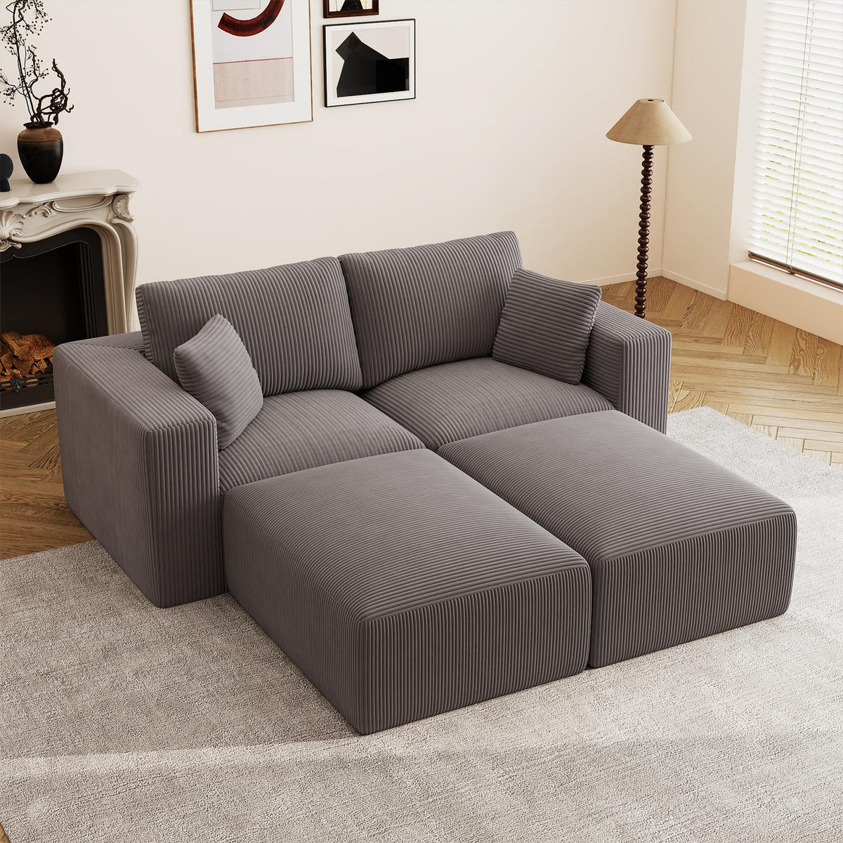 79" Modular Sectional Sofa, Cloud Couch Loveseat Memory Foam Boneless Couch with Chaise, Cozy Upholstered Corduroy Floor Couch, No Assembly Required Living Room Furniture for Apartment, Beige