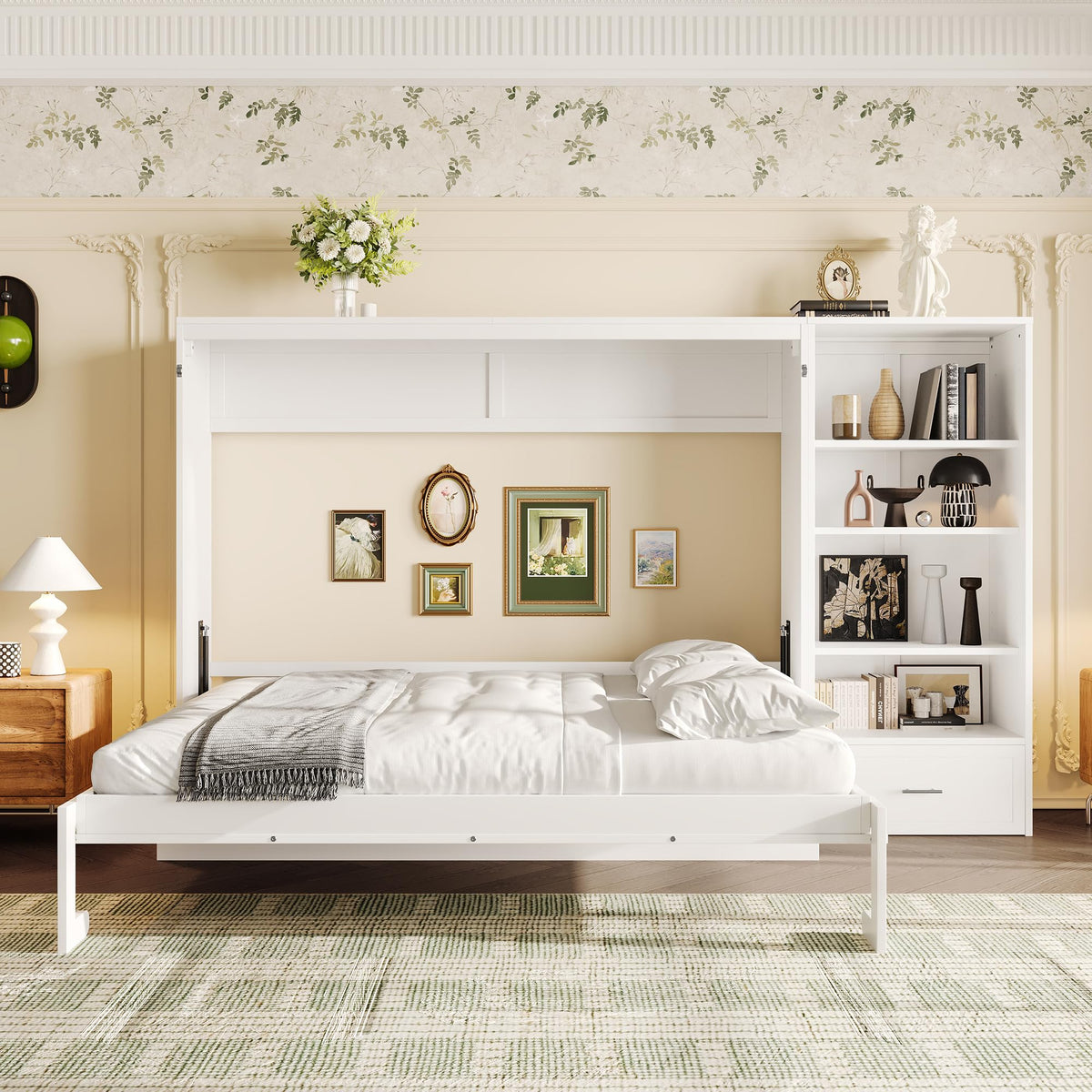 Wood Murphy Bed with Sofa, 4 Storage Shelves and USB Charging Station