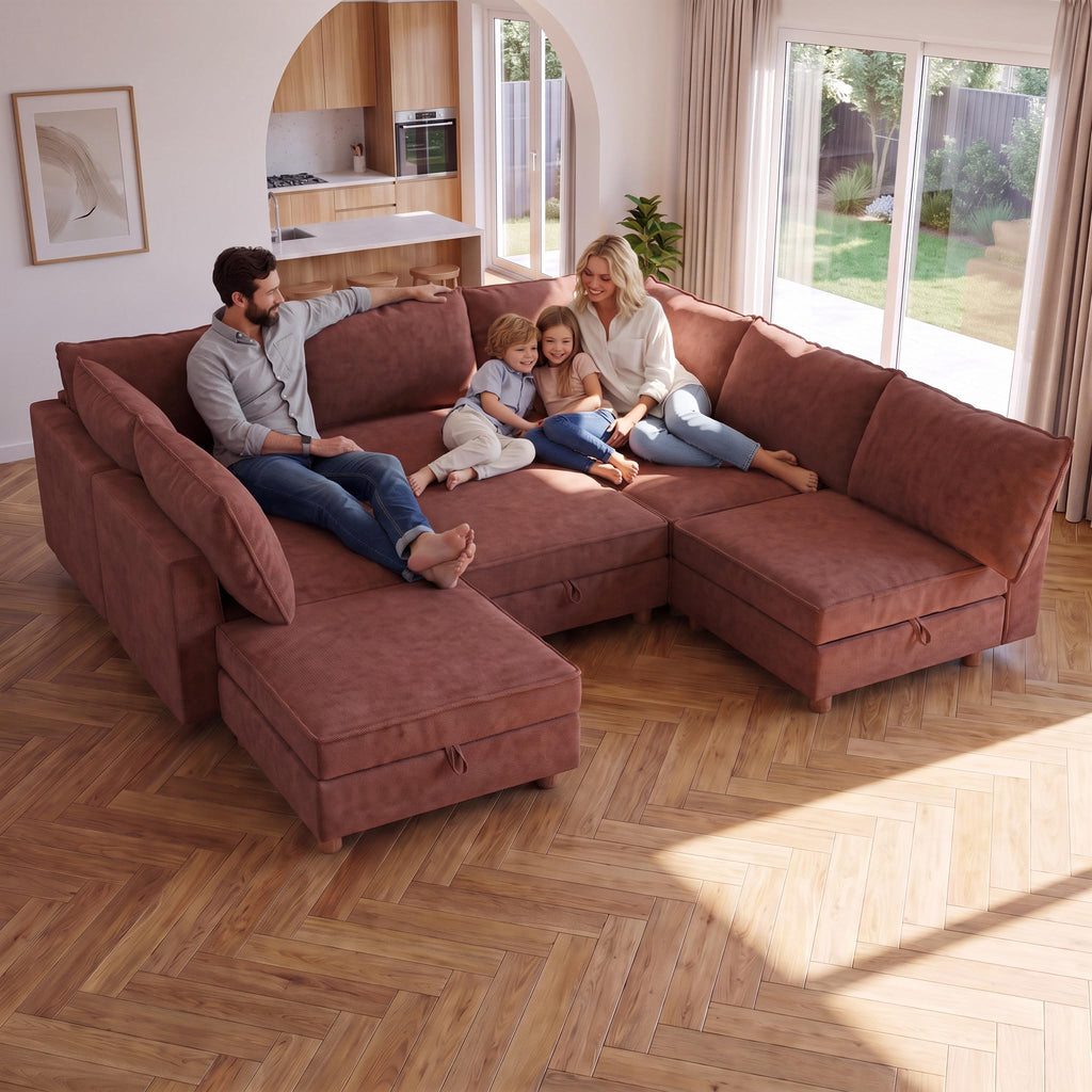 128'' Modular Sectional Sofa with Storage & Washable Covers, Convertible U/L Shaped Couch with Ottoman, 8-Seat Chenille Sectional Sleeper Sofa, Modular Sectional Sofas for Living Room,Orange