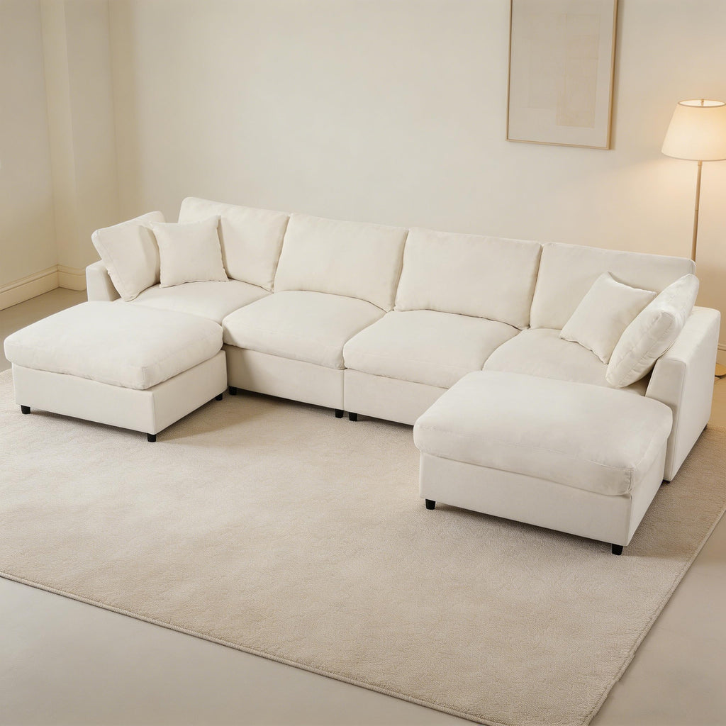 128" U-Shaped Modular Sectional Sofa, Modern Cloud Couch with Solid Wood Frame, Oversized Chenille Fabric Sleeper Sofa Couches with 2 Ottoman Chaise & Washable Covers