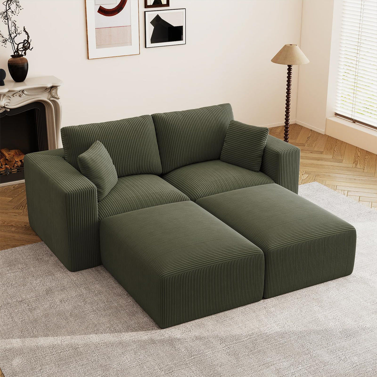 79" Modular Sectional Sofa, Cloud Couch Loveseat Memory Foam Boneless Couch with Chaise, Cozy Upholstered Corduroy Floor Couch, No Assembly Required Living Room Furniture for Apartment, Beige