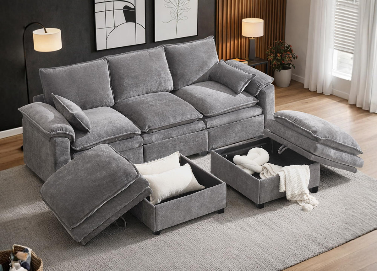 110" Modular Sectional Sofa with Storage, Premium Chenille Cloud Couch with Movable Ottomans, 1200lbs Heavy Duty Deep Seat Sectional, High-Density Foam