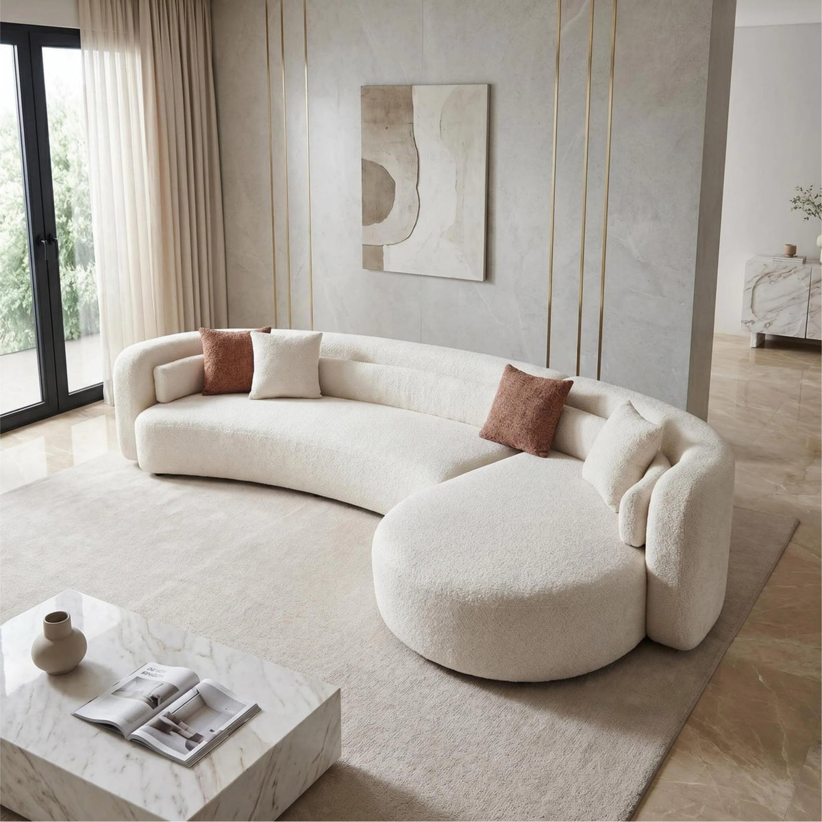 132" Modern Curved Sectional Couch, Light Beige Boucle Sofa Chaise