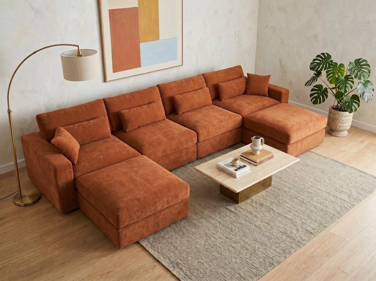 Vipbear 160" Oversized Modular Sectional Sofa, Boneless Couch for Living Room, Modern Comfy 7 Seat V Shaped Cloud Couch Sectional with Ottoman, Lumbar Pillows, 26.8" Extra Deep Seat,Terracotta Orange