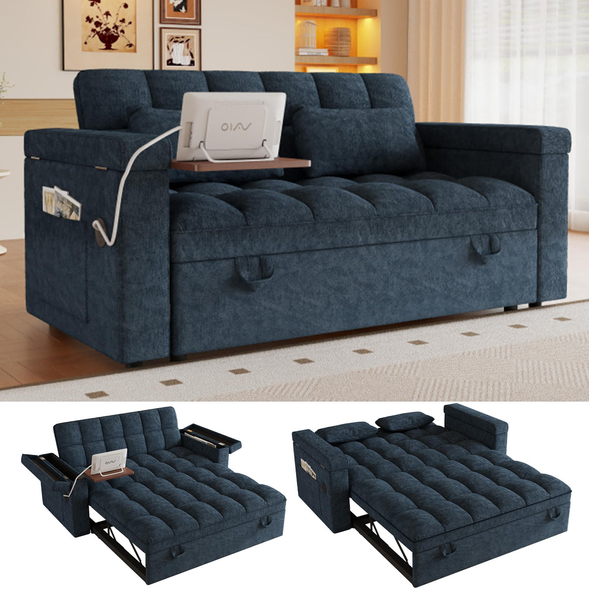108”Pull Out Sofa Bed, U Shaped Sleeper Sofa for Living Room, Black