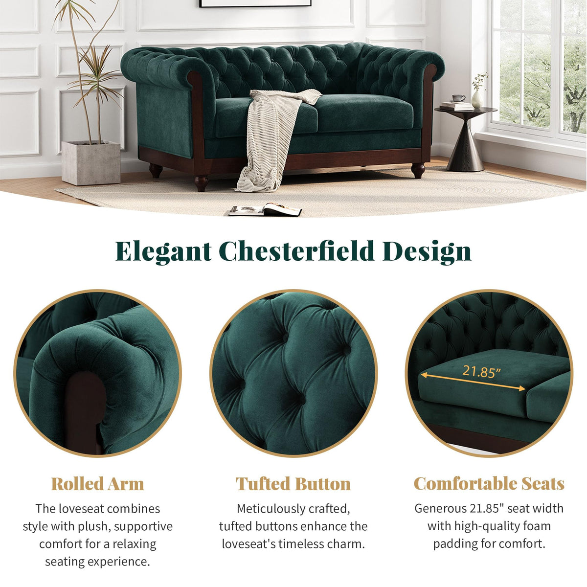Tidyard 59.4? Velvet Loveseat Sofa for Living Room, 2-Person Tufted Couch with Rolled Arms, Compact Sectional Couch for Small Spaces, Forest Green