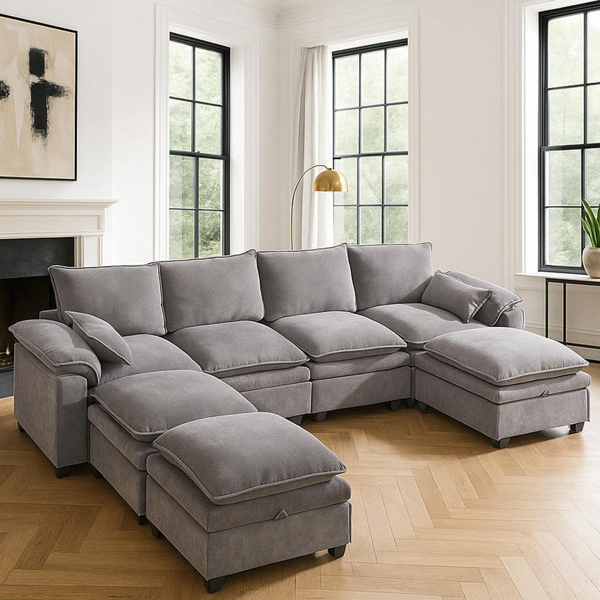 130" Modular Sectional Sofa with Storage, Premium Chenille Cloud Couch with Movable Ottomans, 1200lbs Heavy Duty Deep Seat Sectional, High-Density Foam (Light Gray, 4 Seater & 3 Ottoman)
