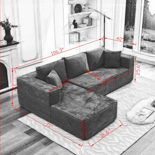 106" Cloud Sectional Couch L Shape with Left Facing Chaise(Single Seat is not Included),Deep Seat Modular Sofa for Living Room,No Assembly Required,Black (Plush Corduroy Fabric),SF502BK LFC JO578