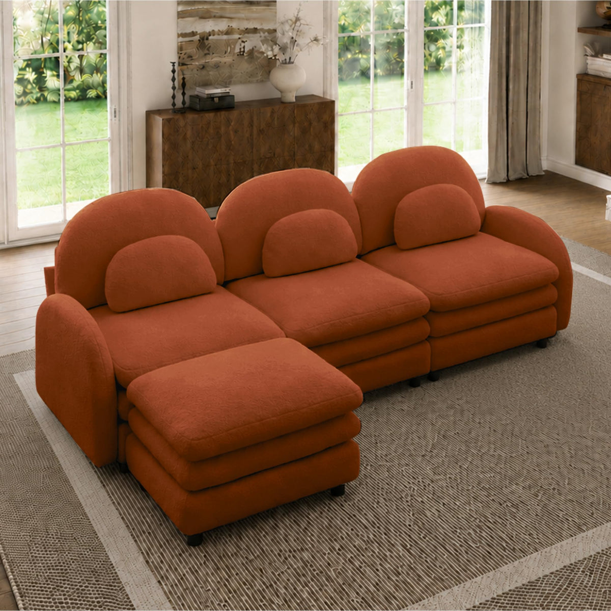 129.1" Modular Sectional Couch, Teddy Fleece Fabric, Orange