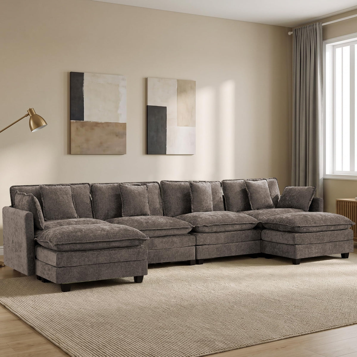 113" V-Shaped Cloud Couch, Modular Sectional for Living Room, Light Grey