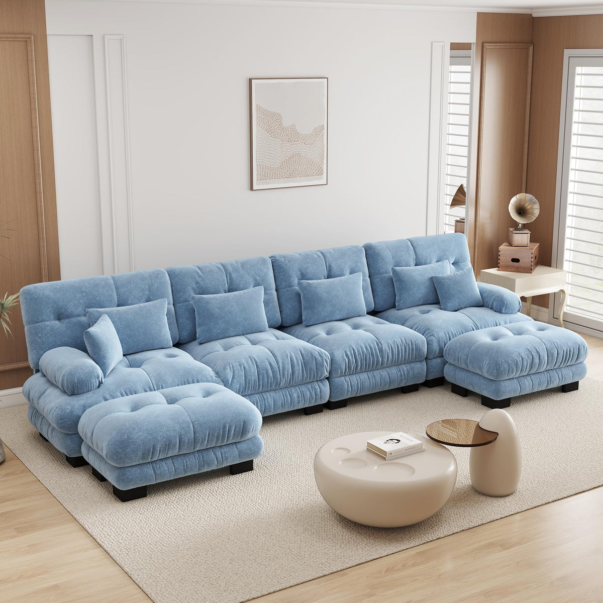 Velvet Modular Sectional Sofa,130" W Oversized U Shape Cloud Couch with 2 Ottomans,Free Combined 3 Seater Comfy Sofa with Bolster Armrest Pillows,Green for Living Room