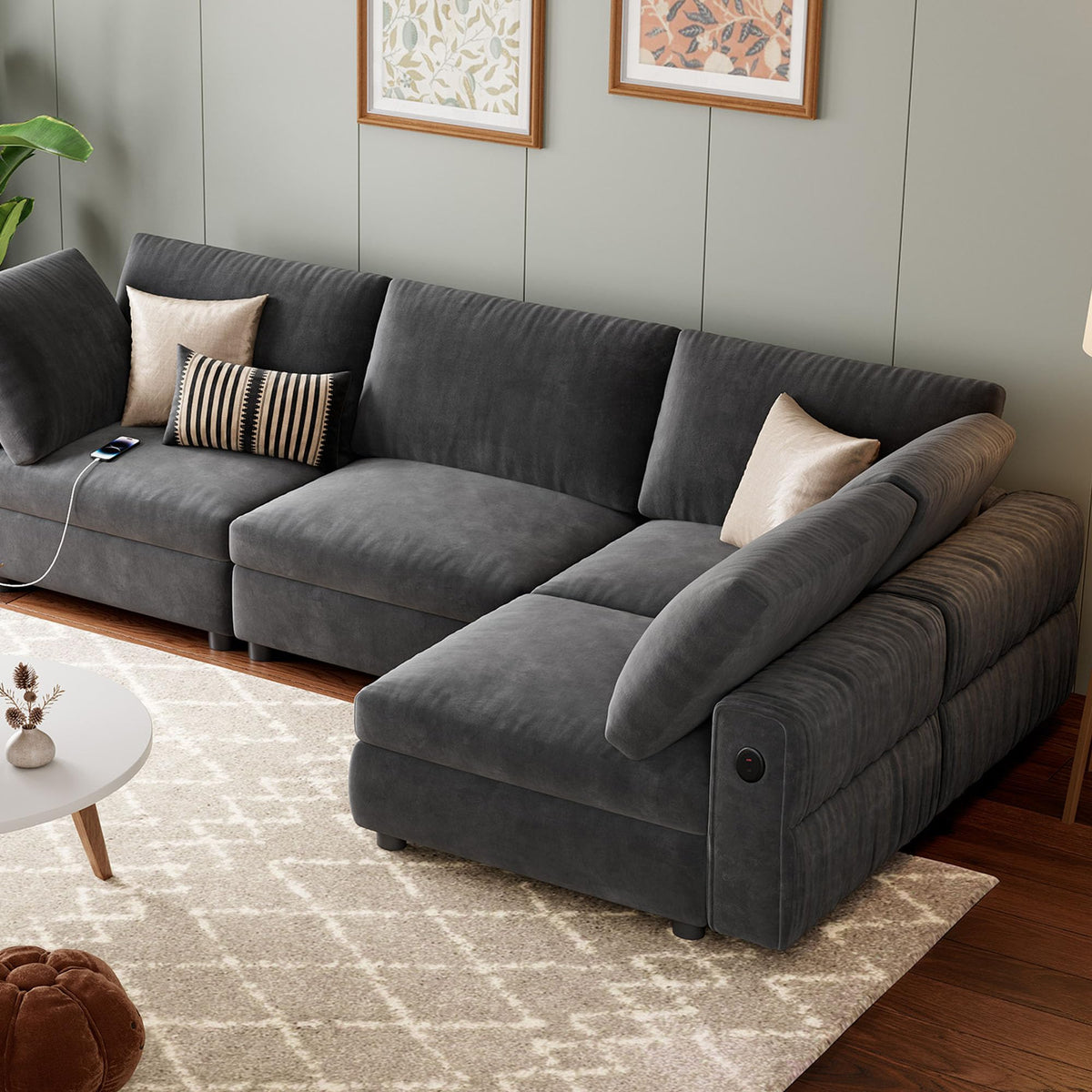 106" L-Shaped Modern Sofa Modular Sectional Cloud Couch with Charging Station, Convertible Sectional Sofa Sleeper Bed with USB/Type-C Port, Removble Chaise Sofa for Living Room, Apartment, Grey Velvet