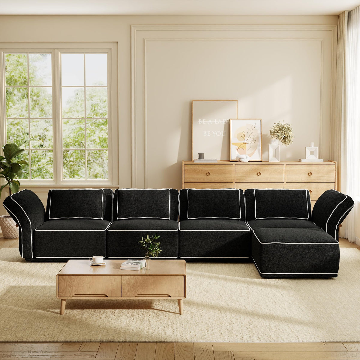 128.3" Modular Boucle Sofa with Ottoman, 3-Seat Sectional Couch, Beige