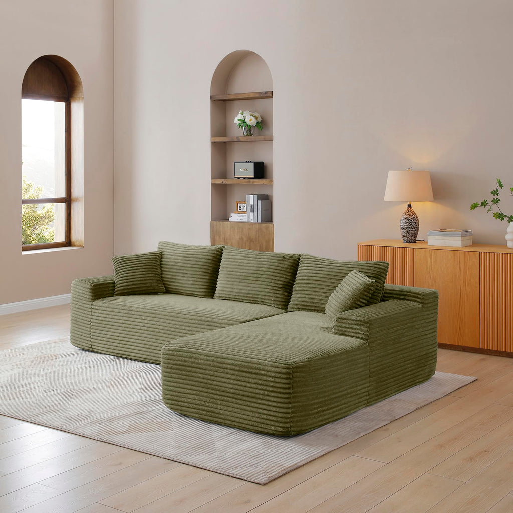 105" Grey, Modern L-Shaped Cloud Couch with Deep Seat & Chaise, Wrinkle-Resistant Corduroy Upholstered 3-Seat Cushion Back Sofa, for Living Room Bedroom (Green, 3, Left Hand)