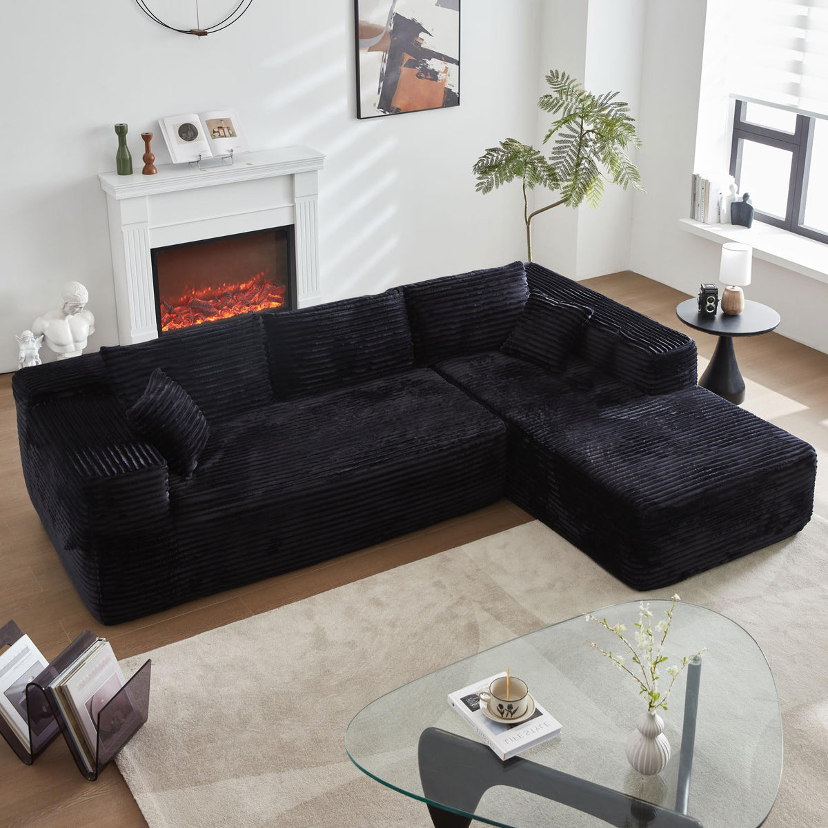 104" L-Shape Modular Sectional Sofa Couch,Comfy Upholstered Cloud Couch for Living Room,Modern Minimalist Couches,Deep Seat,No Assembly Required (Black,Plush Corduroy, Right Facing Chaise w/Ottoman)