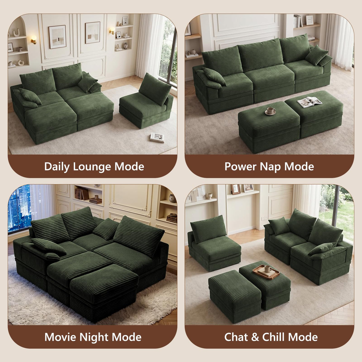 107" Modular Sectional Sofa Boneless Couch with Storage,U-Shape 3 Seat Comfy Modern Cloud Couch Sofa with Ottoman, 27" Deep Seat Corduroy Sofa for Living Room, Tool-Free Assembly - Green