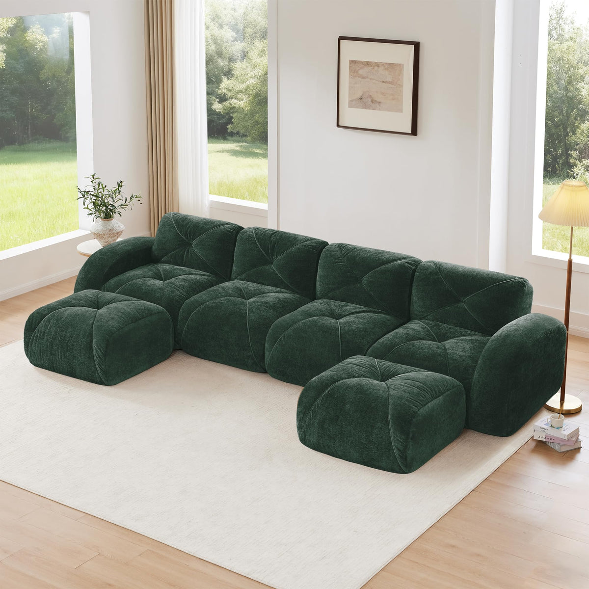 U-Shaped Boneless Sofa, Tufted 32d High Density Sponge Bottom, Anti-Slip Design, No Assembly Required, Free Combination, Movable Ottomans for Living Rooms, Home Theater, Blue