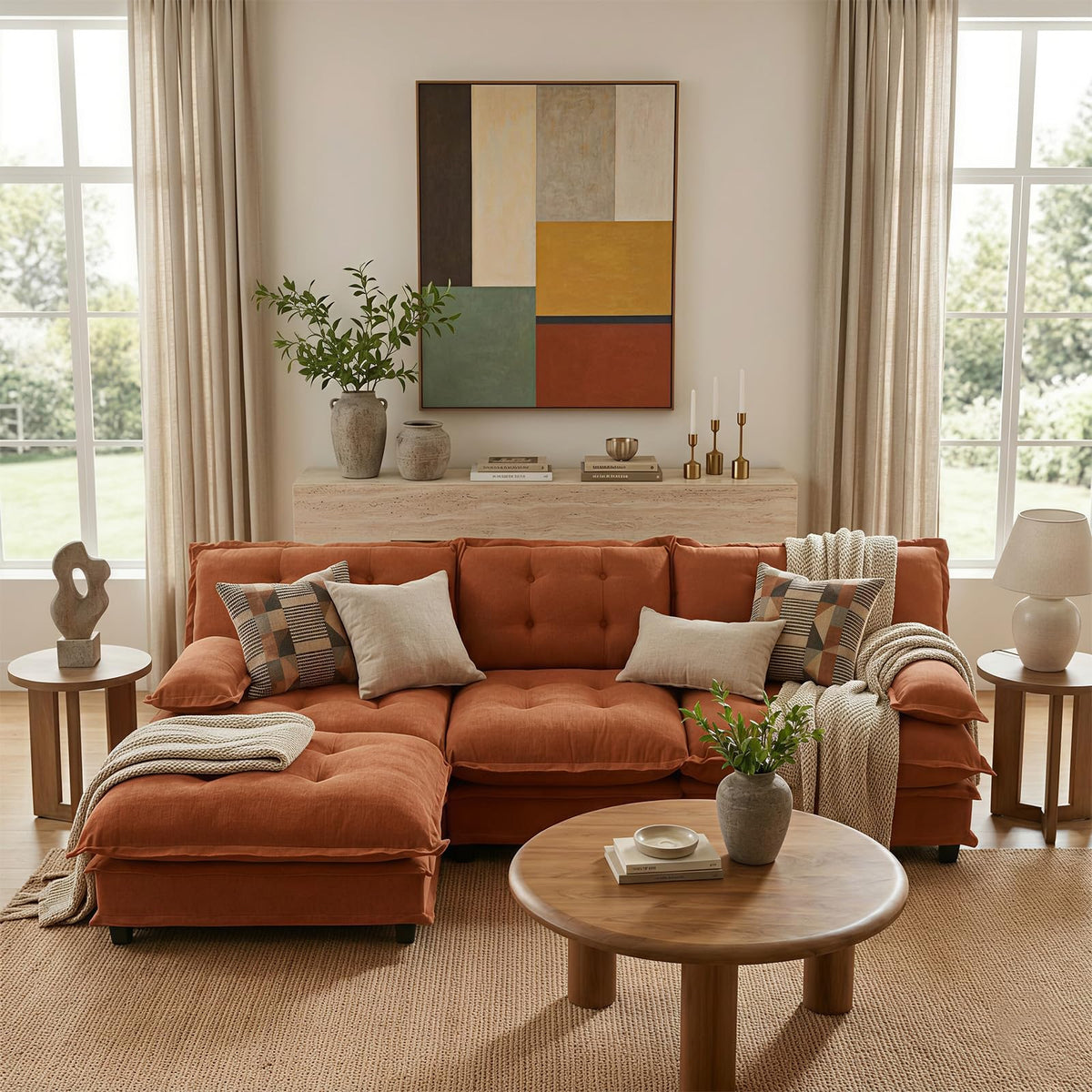 107.5" Modular Sectional Sofa-Chenille Deep 3 Seater L-Shaped Cloud Couch with Ottoman, Button Seat Cushions for Living Room & Apartment, Orange