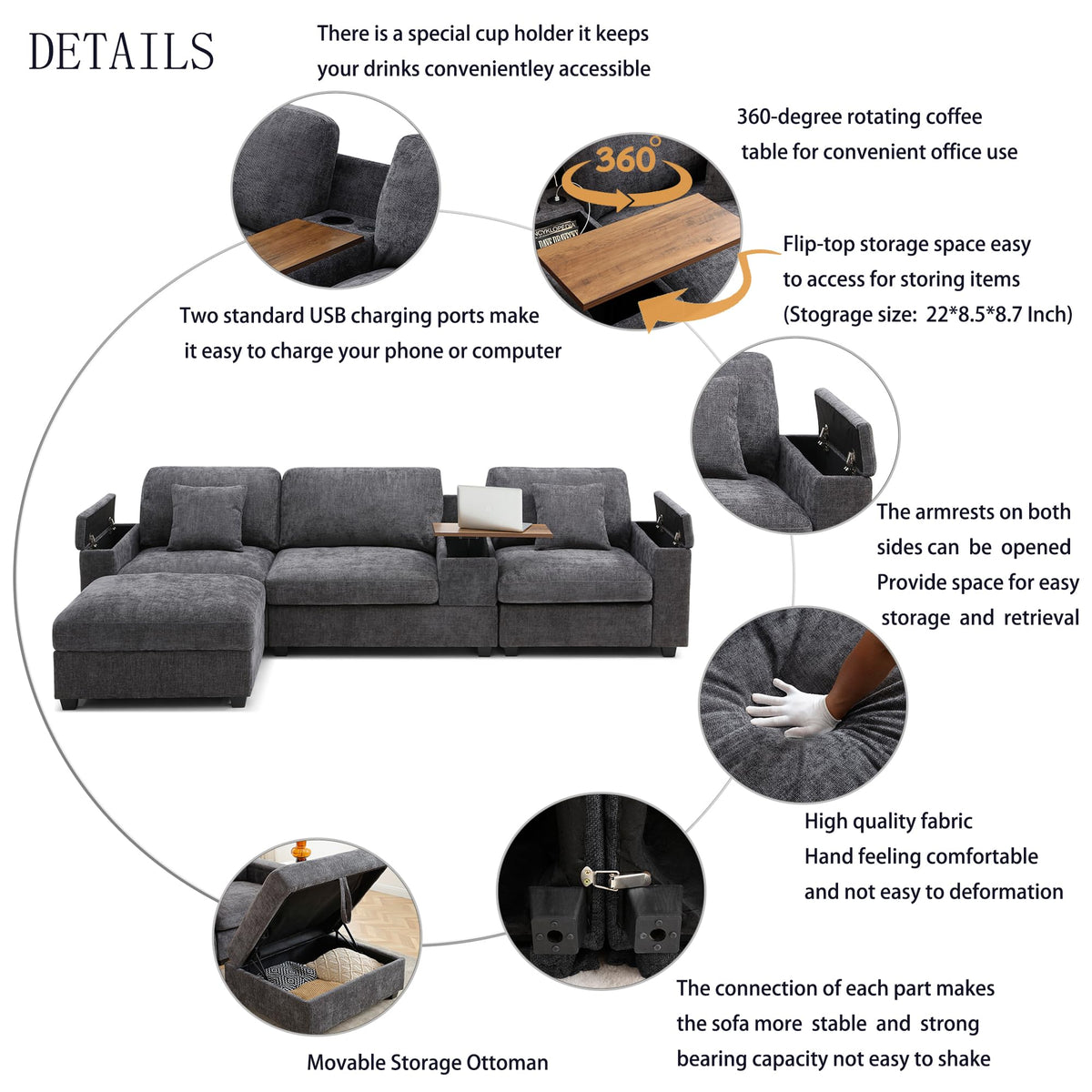 120.3" Modular Sectional Sofa, Oversized Comfy Cloud Couch, 4 Seater L Shaped Couch with Storage Armrest, Ottoman, USB Ports, Cup Holder, Table, Modern Linen Couches for Living Room, Gray