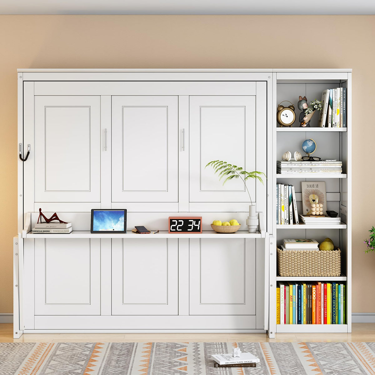 Wood Murphy Bed with Sofa, 4 Storage Shelves and USB Charging Station