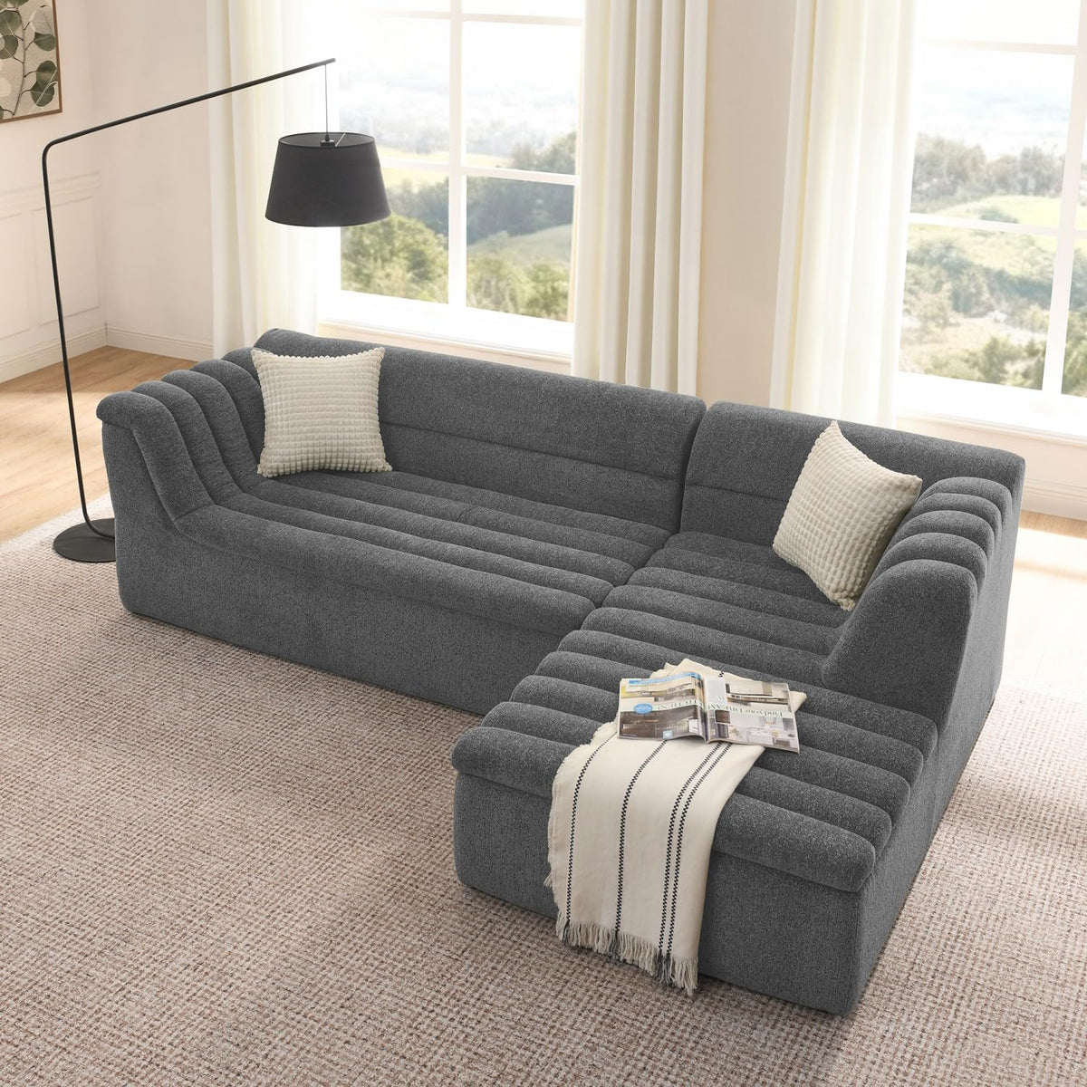 XIAO WEI 106" Modular Sectional Sofa with Chaise, Sage Green Chenille Fabric L-Shaped Couch with Wave-Shaped Armrests, Modern Minimalist Boneless Floor Sofa for Living Room, Apartment & Playrooms