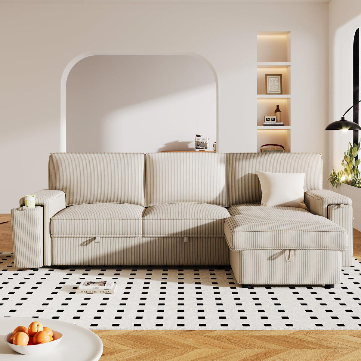 Upholstery Sleeper Sectional Sofa with Storage Bags and 2 Cup Holders on Arms ZE366