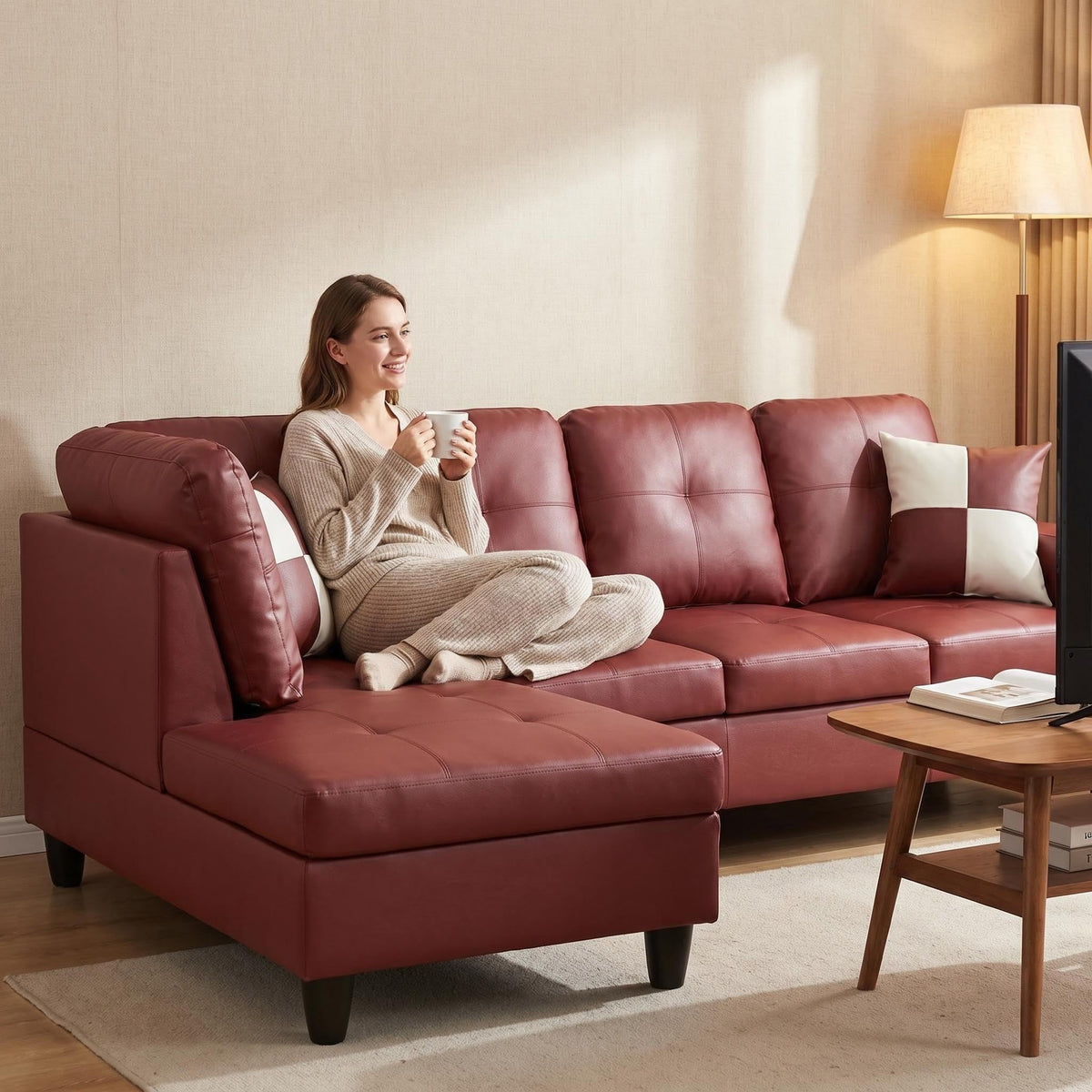 103.5" Sectional Couch with Movable Ottoman, L Shaped 4 Seater PU Faux Leather Sofa w/Chaise Lounge, Comfy Modern Modular Couch for Living Room, Apartment, White Stripes, Right, 3PCS