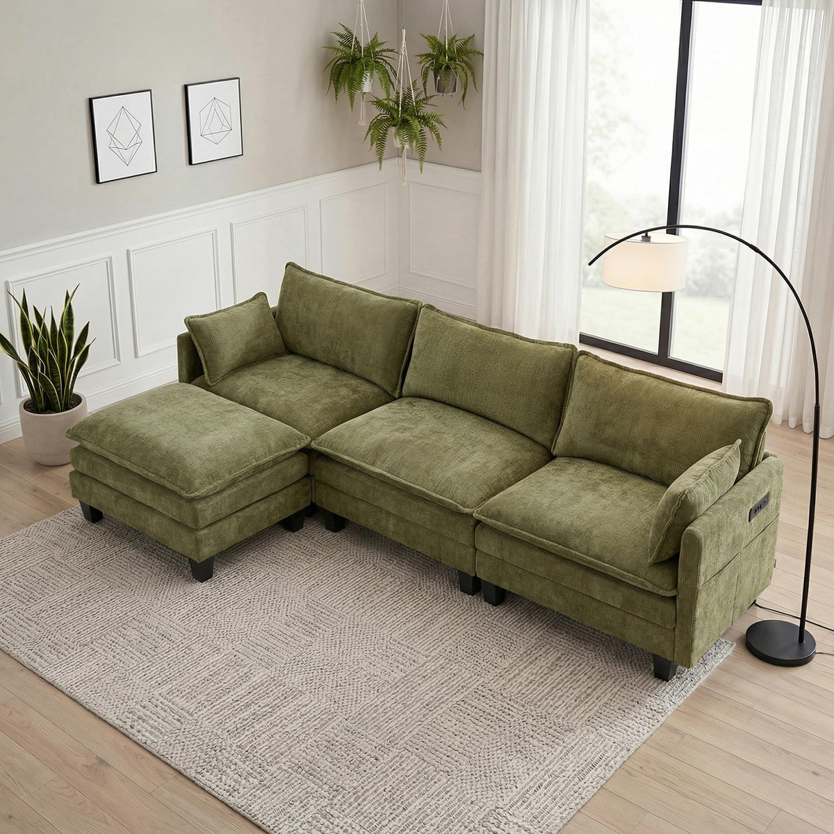 108.66" L Shaped Modular Sectional Couch, Comfy Chenille Upholstered Cloud Couches with Movable Ottoman for Living Room, Modern 3 Seater Sofa with Pillows for Apartment, Green
