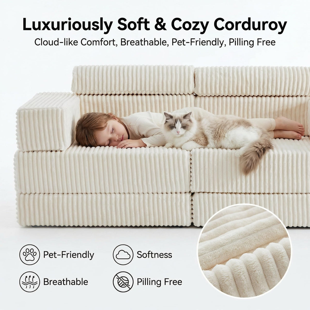 Tbfit Modular L Shaped Sectional Boneless Couch, Convertible Futon Sofa Bed, Corduroy Cloud Mattress Sleeper Sofa, Comfy Folding Upholstered Floor Couches for Living Room, Bedroom, Beige