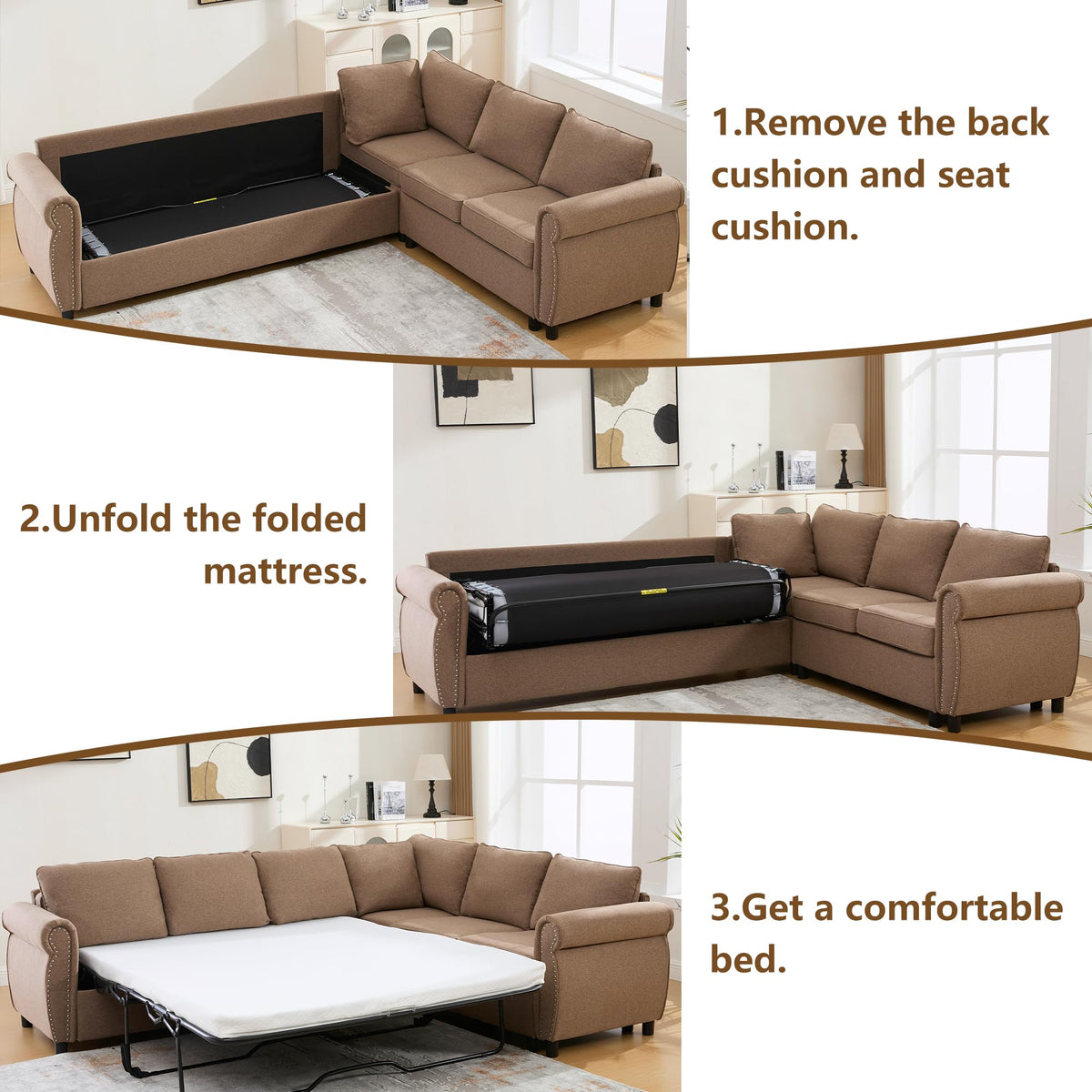 104'' Pull Out Couch, Convertible Sleeper Sofa Bed Queen, Upholstered Sectional Sofa with Mattress, 6-Seater L-Shaped Couch, Modern Sectional Couches for Living Room, Apartment, Studio,Brown