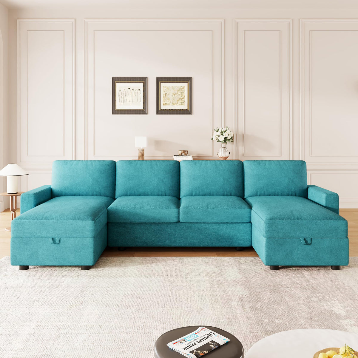 103.9" Sectional Sofa Convertible Sectional Sofa U Shaped Sofa with Two Storage Chaise Lounges and Four USB Ports for Living Room, Teal