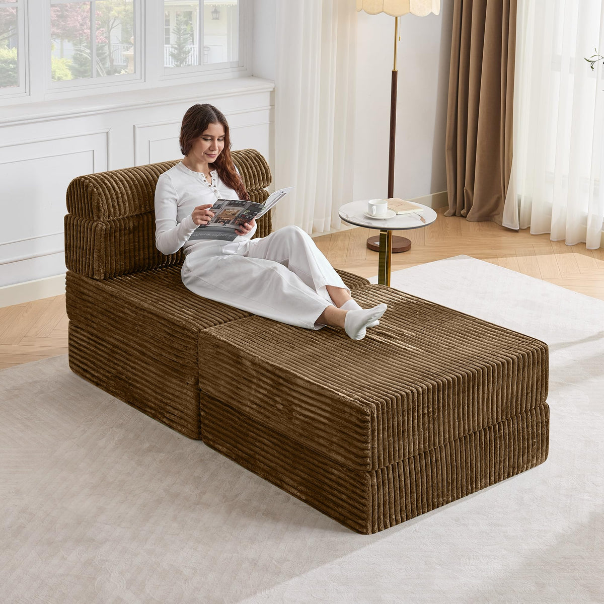 Tbfit 142” Modular L Shaped Sectional Boneless Couch, Convertible Futon Sofa Bed, Corduroy Cloud Mattress Sleeper Sofa, Comfy Folding Upholstered Floor Couches for Living Room, Bedroom, Beige