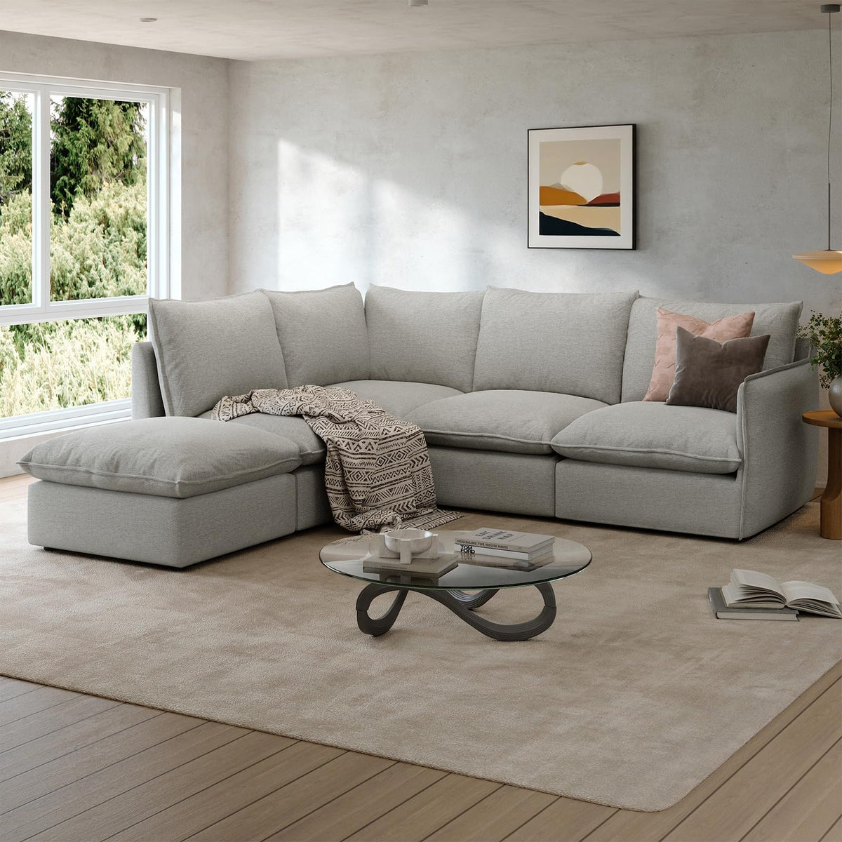 Waterproof Cloud Sectional Couches,High Backrest Down Filled Sofa for Living Room,94.5" Modular Sofas L-Shaped with Ottoman,Detachable Couch Covers,Cream White