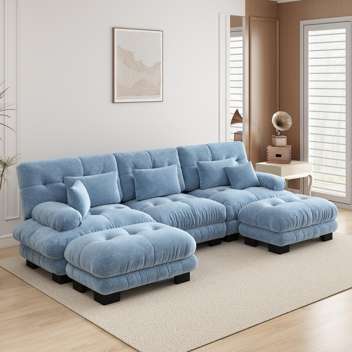 Velvet Modular Sectional Sofa,130" W Oversized U Shape Cloud Couch with 2 Ottomans,Free Combined 3 Seater Comfy Sofa with Bolster Armrest Pillows,Green for Living Room