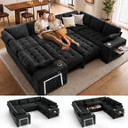 Vipbear 111" Sofa Bed, 7 Seat Modular Sectional Sleeper Sofa with Pull Out Bed, Chenille L Shaped Couch with Storage Ottoman|Cup Holders|Side Table|LED Light|USB Ports, Easy Assembly, Green