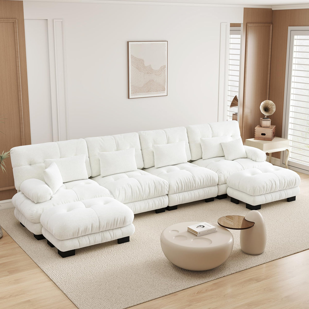 Velvet Modular Sectional Sofa,130" W Oversized U Shape Cloud Couch with 2 Ottomans,Free Combined 3 Seater Comfy Sofa with Bolster Armrest Pillows,Green for Living Room