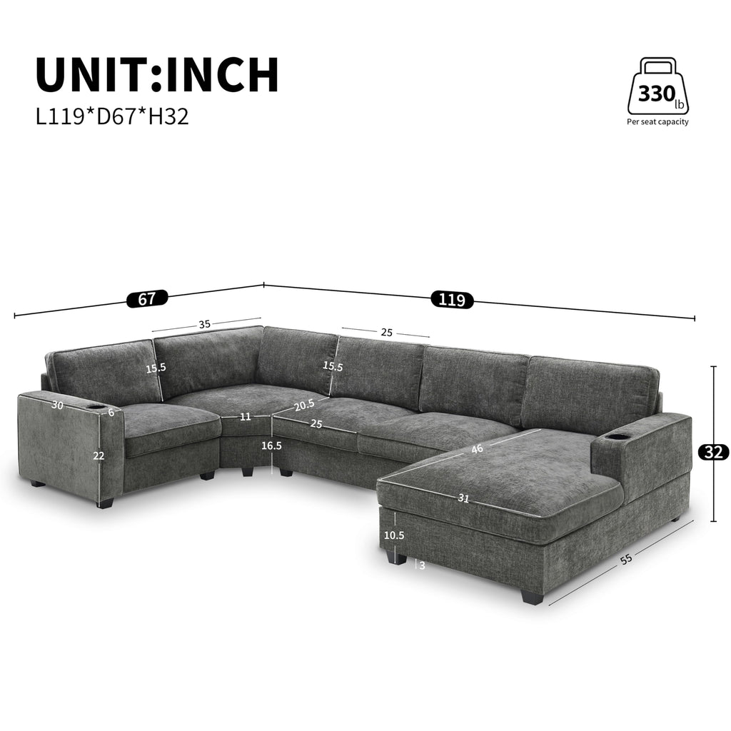 119" U Shaped Sectional Sofa, 6 Seat Chenille Corner Couch Set with Cup Holders, Oversized Chaise Lounge, Irregular Corner, Deep and Wide Seat, Comfy Sofa for Living RoomApartment, 2 Colors