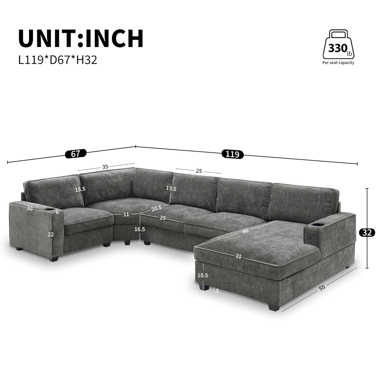 119" U Shaped Sectional Sofa, 6 Seat Chenille Corner Couch Set with Cup Holders, Oversized Chaise Lounge, Irregular Corner, Deep and Wide Seat, Comfy Sofa for Living RoomApartment, 2 Colors