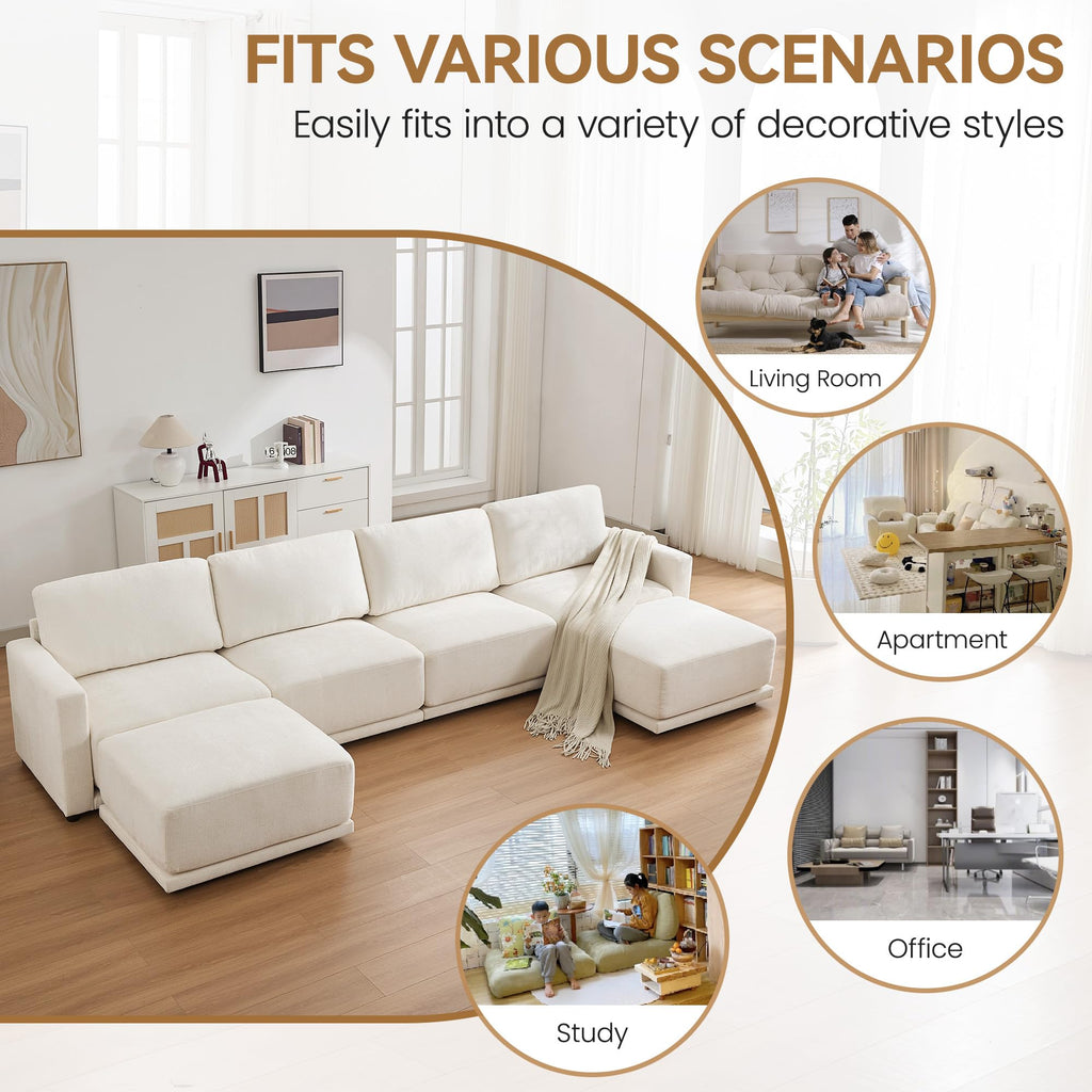 110.6" Modular Sectional Sofa with Ottoman, Upholstered L Shaped Sectional Couch with Thick Cushions, Oversized Chenille Comfy 4 Seater Sofas for Living Room, Easy Assembly, White