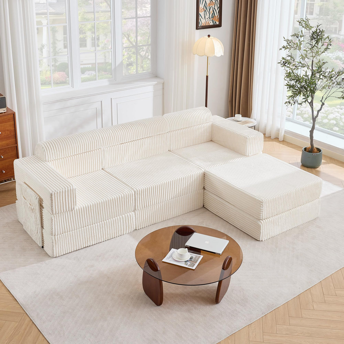 Tbfit 142” Modular L Shaped Sectional Boneless Couch, Convertible Futon Sofa Bed, Corduroy Cloud Mattress Sleeper Sofa, Comfy Folding Upholstered Floor Couches for Living Room, Bedroom, Beige