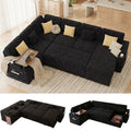 100" Modular Sectional Sleeper Sofa with Pull Out Bed, 7 Seat Corduroy U Shaped Couch with Storage Chaise|Reclining Backrest|Side Table|USB Port, Cloud Sectional Couches for Living Room, Black