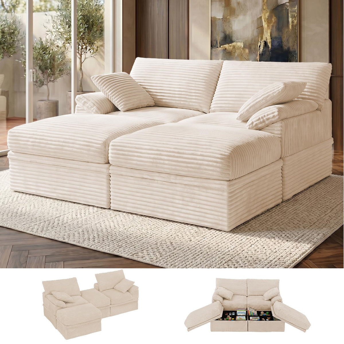 107'' Modular Sectional Sofa with Storage, L-Shaped Boneless Couch