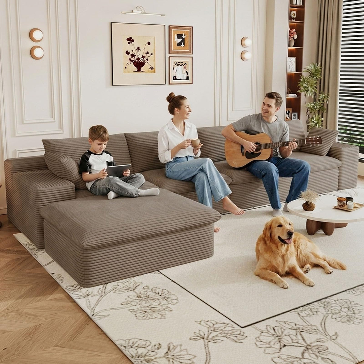 107" Cloud Couch Modular Sectional Couchs with Chaise Lounge, U-Shape Boneless Couches with Ottoman for Living Room, Corduroy Sofa with Deep Seat, No Assembly Required (Green, Left Facing Chaise)