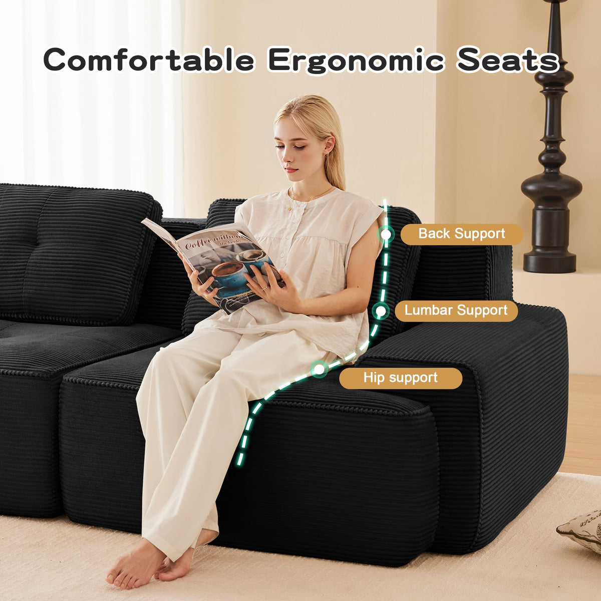 Tidyard 15? Modern L-Shaped Modular Sectional Sofa for Living Room, Corduroy Fabric 4-Seater Couch with Deep Seat, Movable Ottoman, Tufted Design, No Assembly, Anti-Slip Base, Black