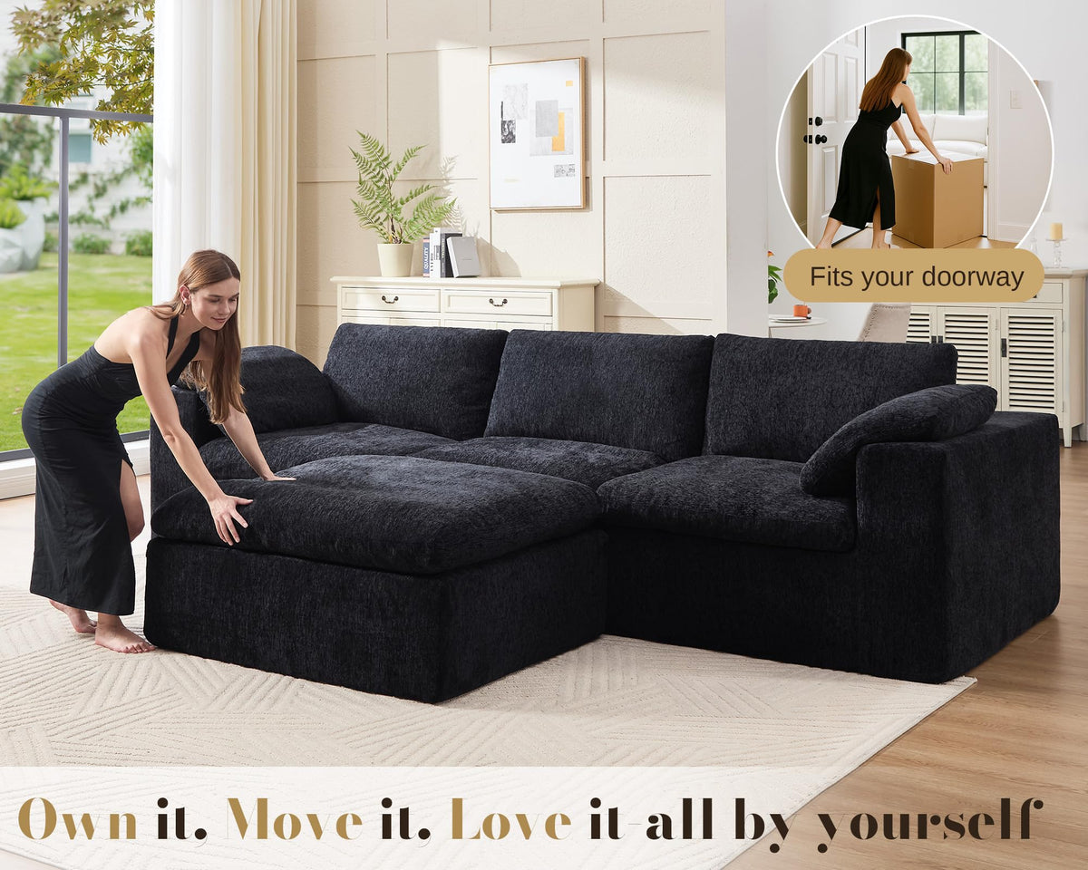 120" Cloud Modular Sectional Sofa, No-Assembly Chenille Couch, Black